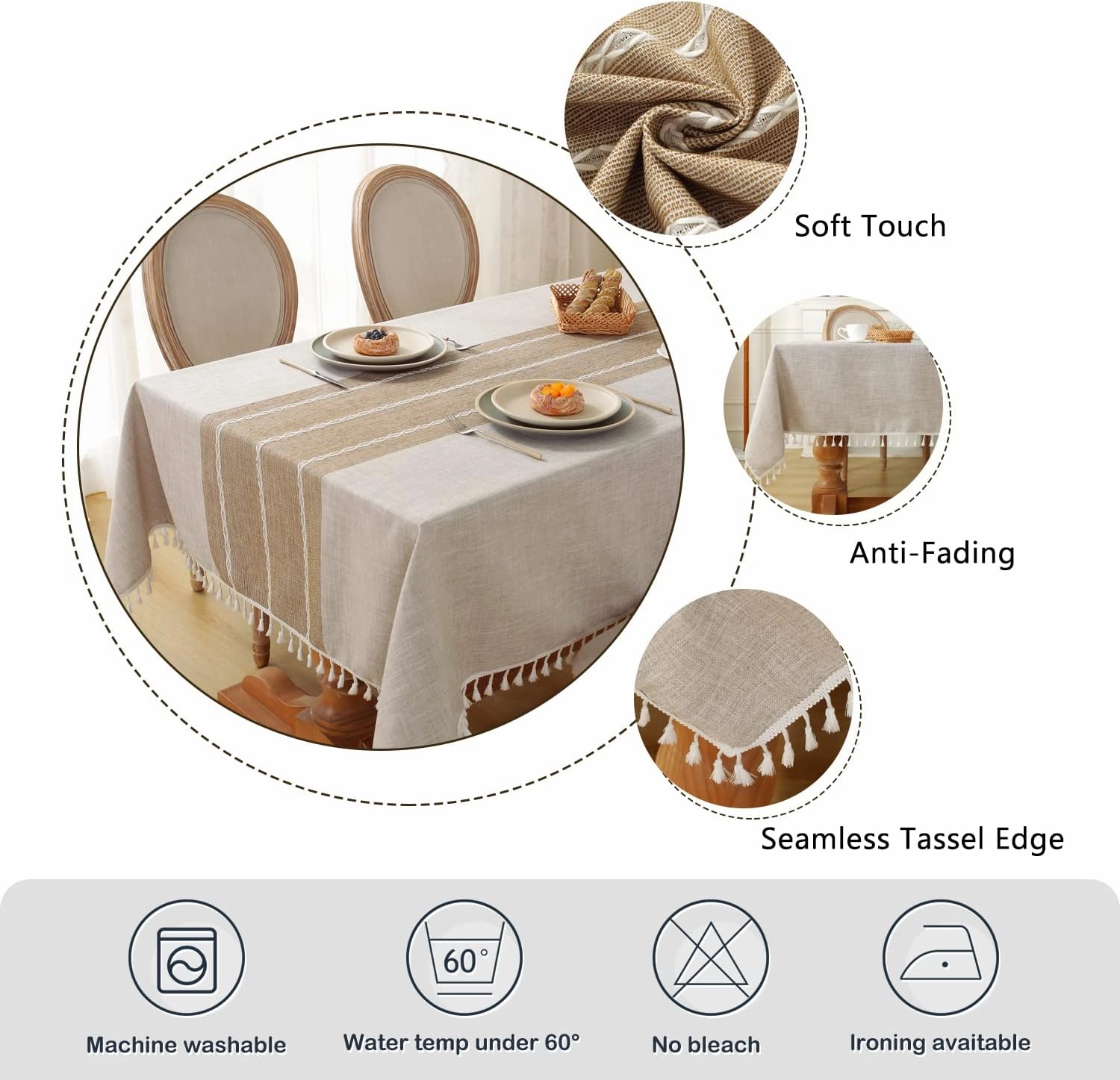 Laolitou Rustic Tablecloth Cotton Linen Waterproof Tablecloths Burlap Table Cloths for Kitchen Dining,Party,Holiday,Christmas,Buffet Coffee Lines Square,55''x55'',4Seats