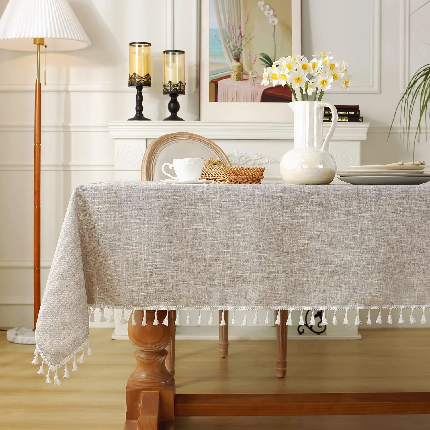 Laolitou Rustic Tablecloth Cotton Linen Waterproof Tablecloths Burlap Table Cloths for Kitchen Dining,Party,Holiday,Christmas,Buffet Coffee Lines Square,55''x55'',4Seats
