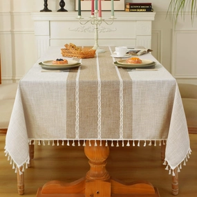 Laolitou Rustic Tablecloth Cotton Linen Waterproof Tablecloths Burlap Table Cloths for Kitchen Dining,Party,Holiday,Christmas,Buffet Coffee Lines Square,55''x55'',4Seats