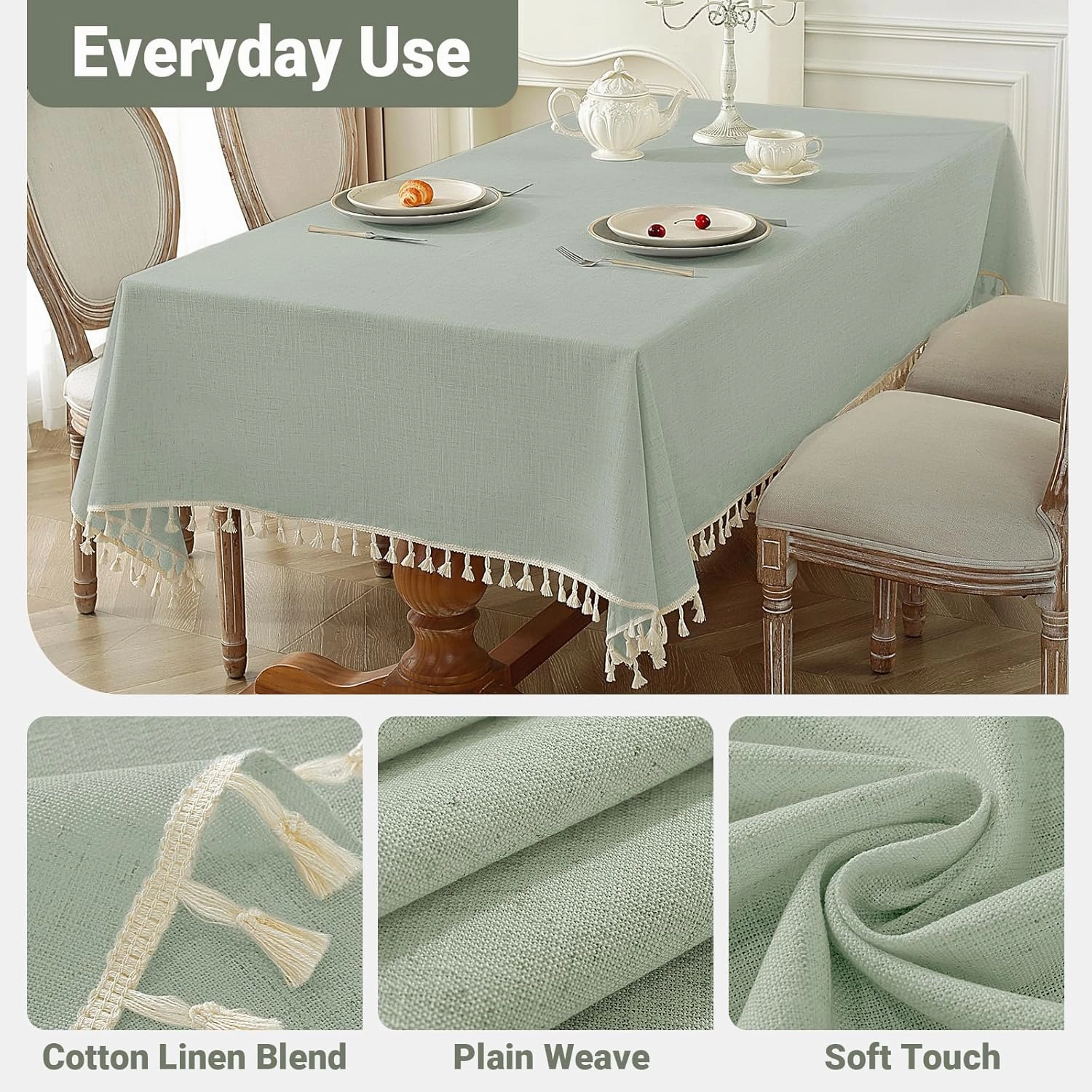 Laolitou Rustic Tablecloth Cotton Linen Waterproof Tablecloths Burlap Table Cloths for Kitchen Dining,Party,Holiday,Christmas, Sage Green Square 55''x55'',4 Seats