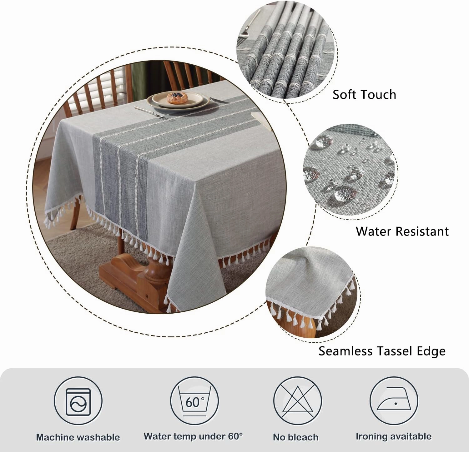 Laolitou Rustic Tablecloth Cotton Linen Waterproof Tablecloths Table Cloths for Kitchen Dining,Party,Holiday,Christmas, Buffet Grey Lines Square,55''x55''