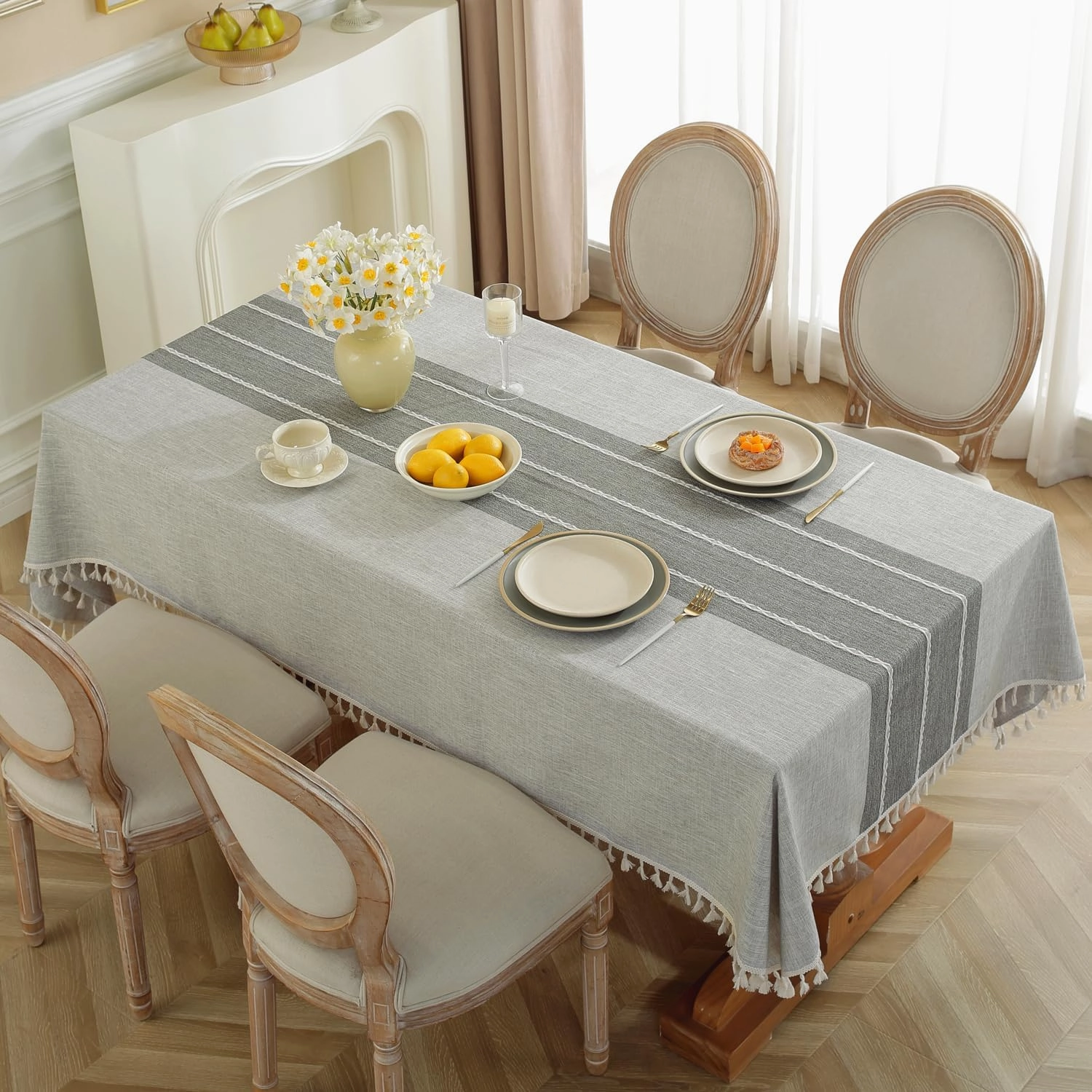 Laolitou Rustic Tablecloth Cotton Linen Waterproof Tablecloths Table Cloths for Kitchen Dining,Party,Holiday,Christmas, Buffet Grey Lines Square,55''x55''