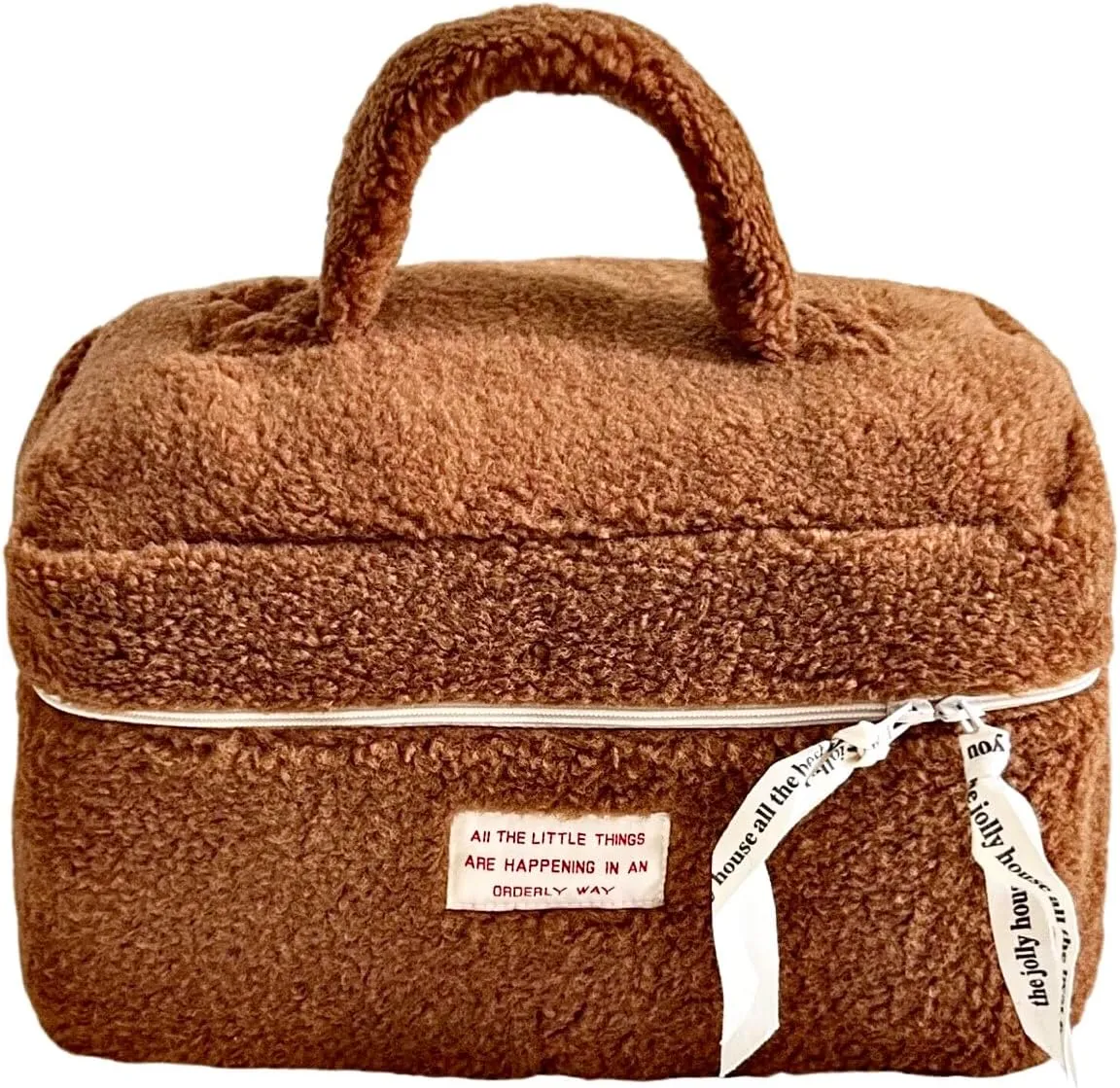 Large Capacity Fuzzy Makeup Bag Soft Plush Preppy Travel Cosmetic Bag Toiletry Bag Makeup Pouch for Teens Women Girls