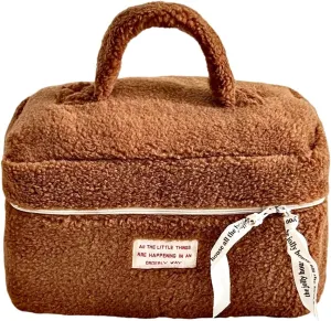 Large Capacity Fuzzy Makeup Bag Soft Plush Preppy Travel Cosmetic Bag Toiletry Bag Makeup Pouch for Teens Women Girls