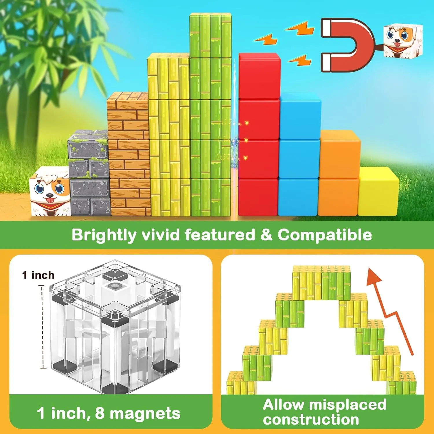 Large Magnetic Blocks 1" Building Cubes Toys for Kids Ages 4-6 5-7 8-12, Magworld Bamboo House Building Craft Construction Toy Set, Creative Sensory Toys Game Gift for 3  Year Old Boys Girls