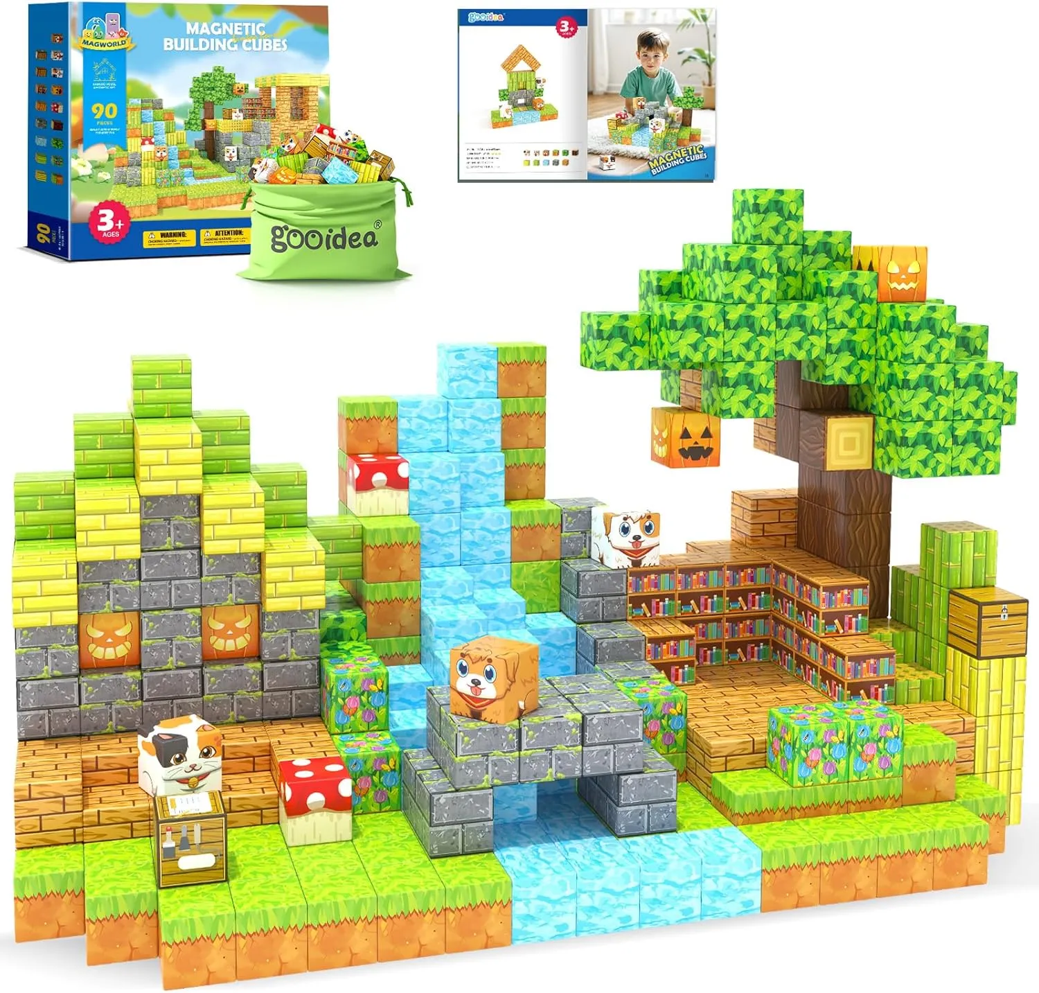 Large Magnetic Blocks 1" Building Cubes Toys for Kids Ages 4-6 5-7 8-12, Magworld Bamboo House Building Craft Construction Toy Set, Creative Sensory Toys Game Gift for 3  Year Old Boys Girls