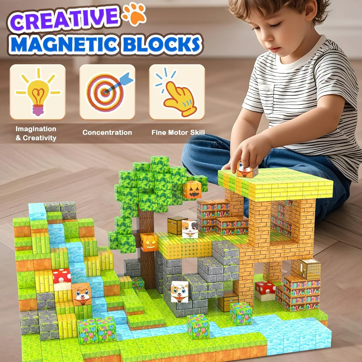 Large Magnetic Blocks 1" Building Cubes Toys for Kids Ages 4-6 5-7 8-12, Magworld Bamboo House Building Craft Construction Toy Set, Creative Sensory Toys Game Gift for 3  Year Old Boys Girls