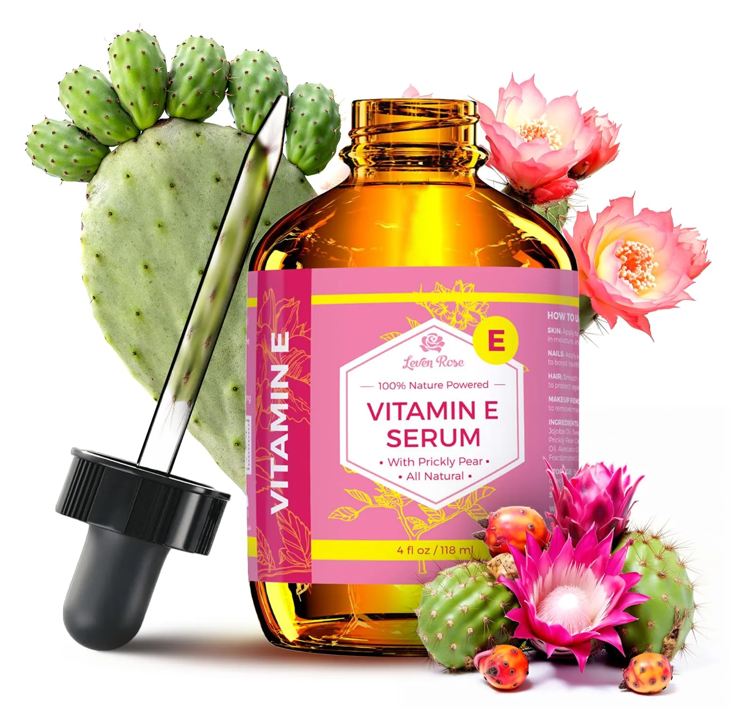 Leven Rose Vitamin E Oil Serum 100% Pure Organic All Natural for Face, Dry Skin Moisturizer, Hair & Nail Growth, Pure Makeup Remover, Cleansing Oil Large 4 oz