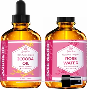 Leven Rose Jojoba Oil   Rose Water for Face Facial Toner Bundle Jojoba Moisturizer for Skin Hair Body and Nails 4 oz & Pure Moroccan Rosewater 4 oz