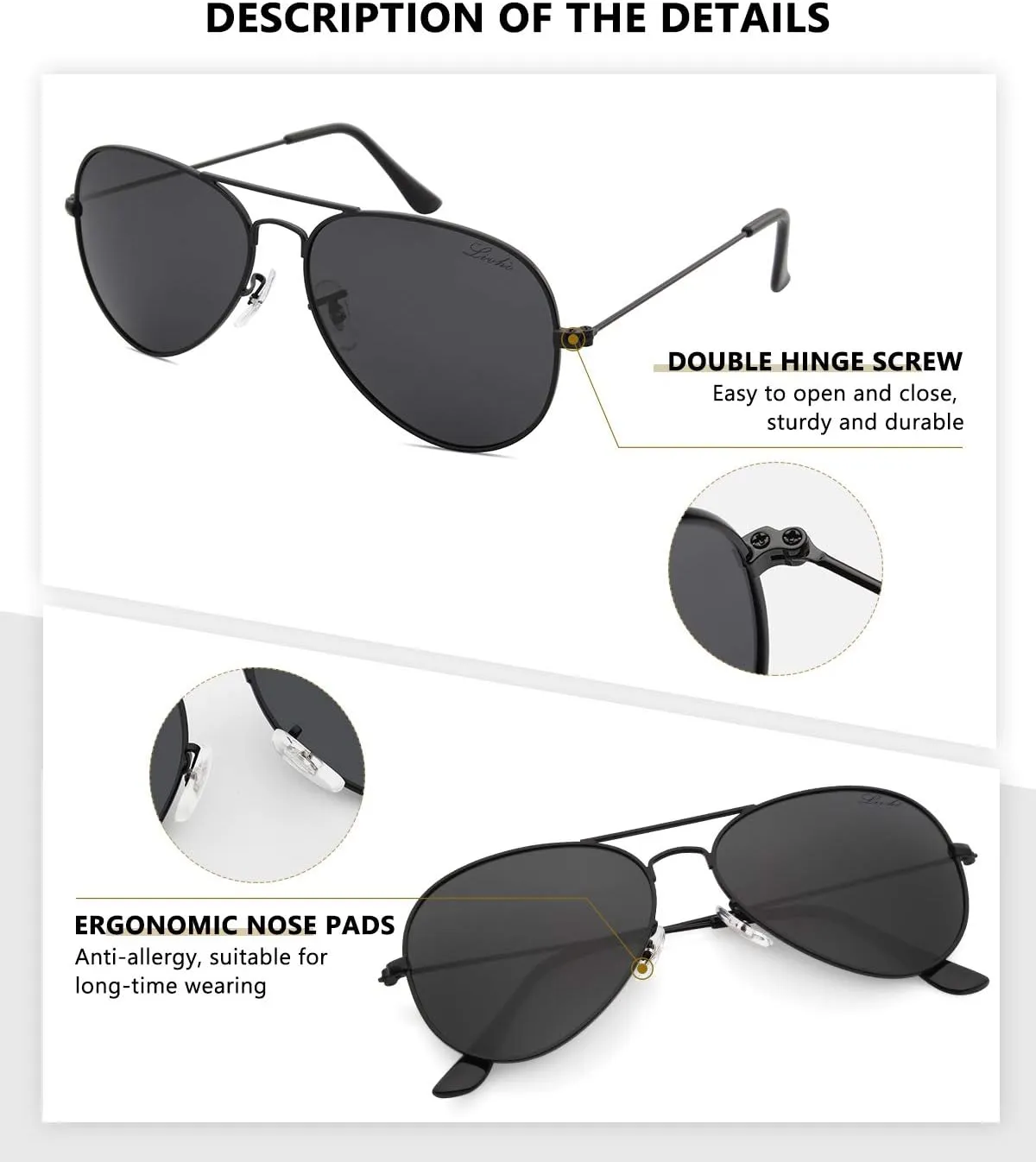 livho Sunglasses for Men Women Aviator Polarized Metal Mirror UV 400 Lens Protection (All black & Gold Black)