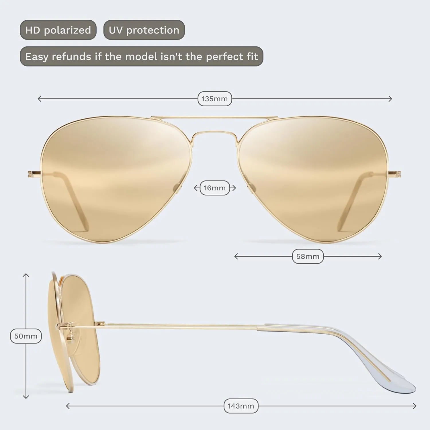 livho Sunglasses for Men Women Aviator Polarized Metal Mirror UV 400 Lens Protection