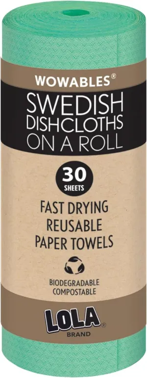 LOLA Swedish Dishcloths on a Roll, 30 Pack, Absorbent Eco Friendly Cellulose Sponge Dish Cloths, Reusable Paper Towels, 11" x 10" Made in Germany