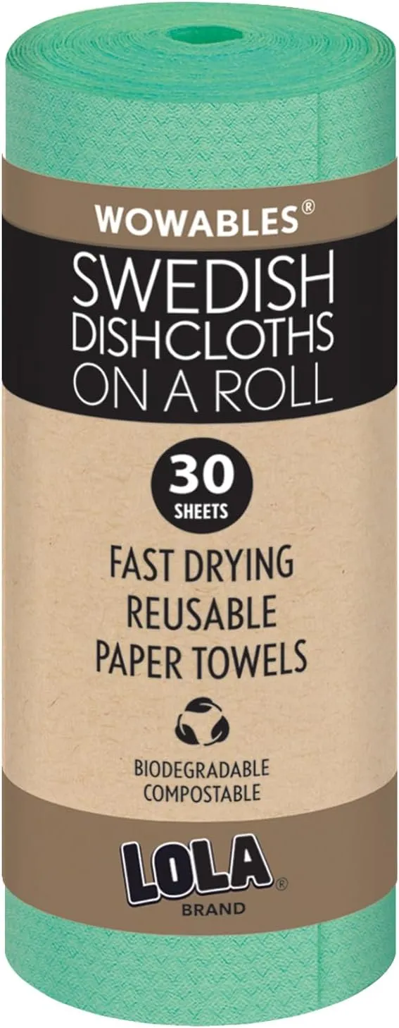 LOLA Swedish Dishcloths on a Roll, 30 Pack, Absorbent Eco Friendly Cellulose Sponge Dish Cloths, Reusable Paper Towels, 11" x 10" Made in Germany