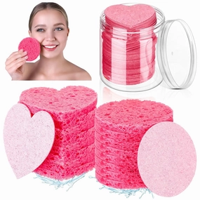 Loopeer 96 Pcs Compressed Facial Sponges with Container Disposable Face Sponge Pads for Washing Face Cleansing Exfoliating Esthetician Makeup Removal (Pink)