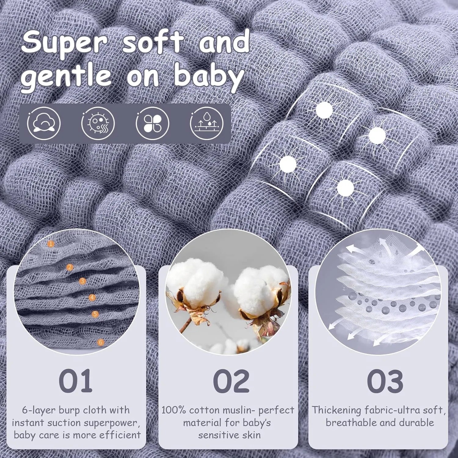 Looxii Muslin Burp Cloths 100% Cotton Muslin Cloths Large 20''x10'' Extra Soft and Absorbent 6 Pack Baby Burping Cloth for Boys and Girls (Fog Blue)