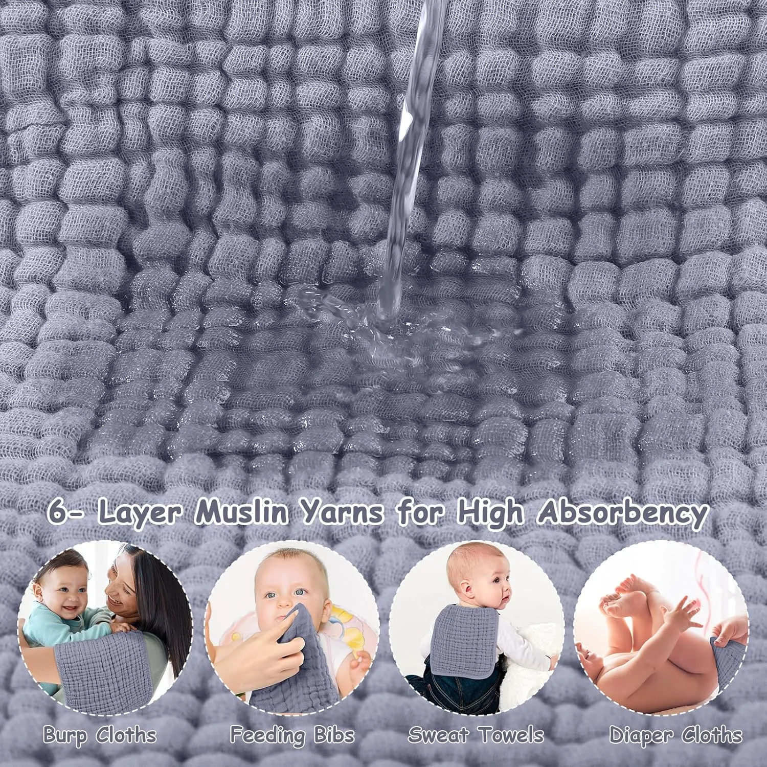 Looxii Muslin Burp Cloths 100% Cotton Muslin Cloths Large 20''x10'' Extra Soft and Absorbent 6 Pack Baby Burping Cloth for Boys and Girls (Fog Blue)