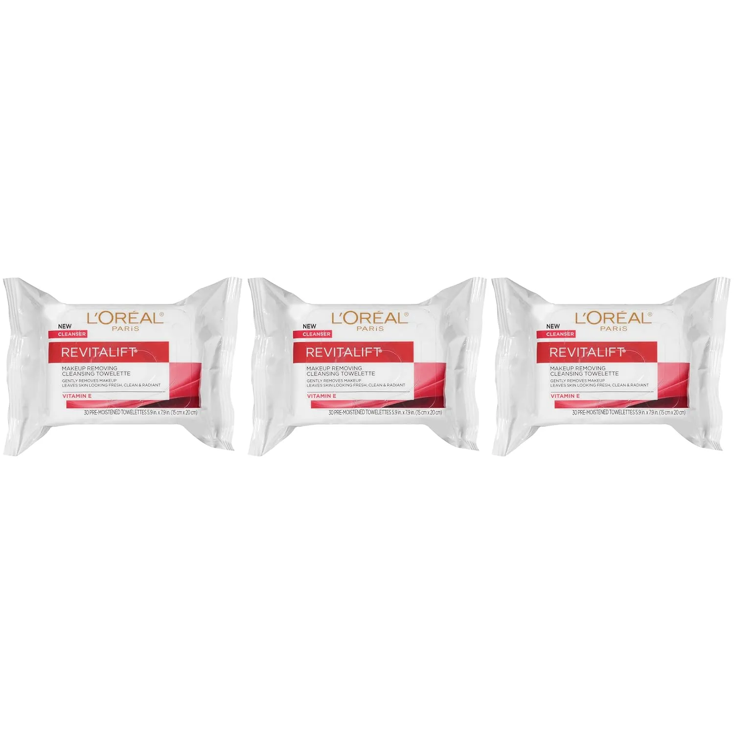L'Oreal Paris Revitalift Makeup Removing Wipes with Vitamin E, Face Cleansing Towelettes, 30 Count, Pack of 3