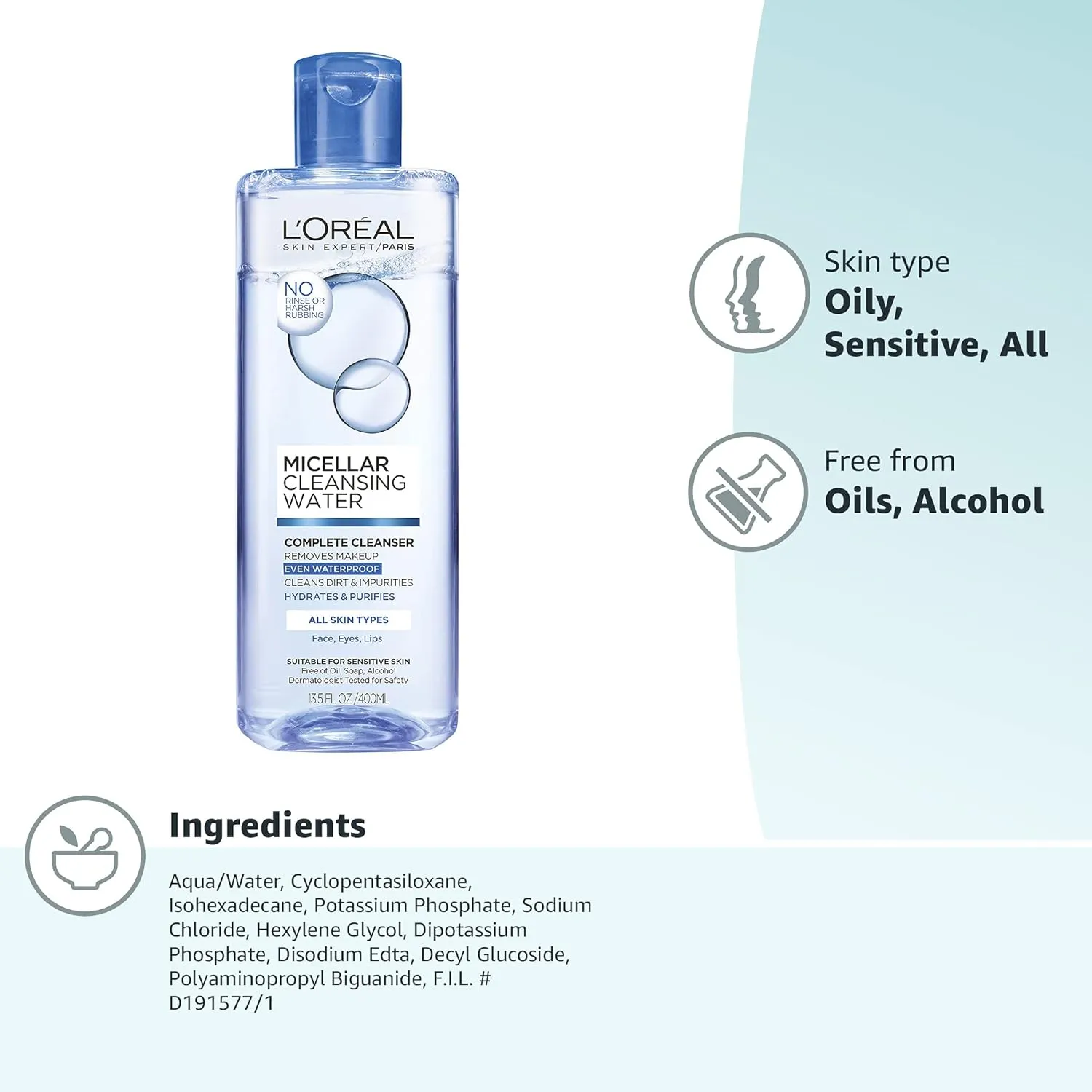 L'Oreal Paris Skincare Micellar Cleansing Water Complete Cleanser to Remove Makeup, Gentle Cleanser, Makeup Remover, 13.5 Fl Oz