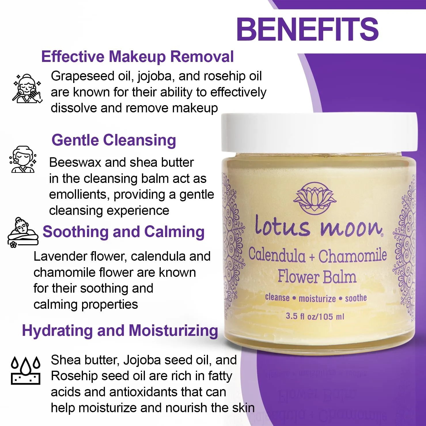 Lotus Moon® - Calendula   Chamomile Flower Balm | Facial Cleansing Balm, Oil-Based Makeup Remover, Plant-Based, Clean, Cruelty-Free, Functional Skincare (3.5 fl oz | 105 ml)