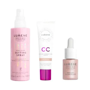 Lumene Invisible Illumination Glow Trio – Dewy Glow Setting Spray (3.4 fl oz), Instant Illuminizer Rosy Dawn (0.5 fl oz), Color Correcting CC Cream Medium (1 fl oz) – Radiant Finish for All Skin Types