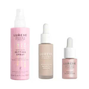 Lumene Invisible Illumination Radiance Trio – Dewy Glow Setting Spray (3.4 fl oz), Instant Illuminizer Rosy Dawn (0.5 fl oz), Instant Beauty Glow Serum (30 ml) – For a Natural, Luminous Finish