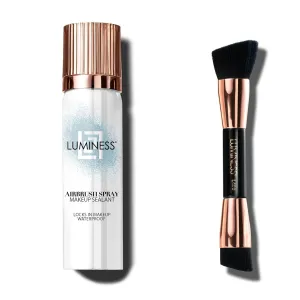 LUMINESS Airbrush Setting Spray and Angled Makeup Brush Bundle - Long-Lasting Face Make Up Spray & Soft Fiber Buffing Brush