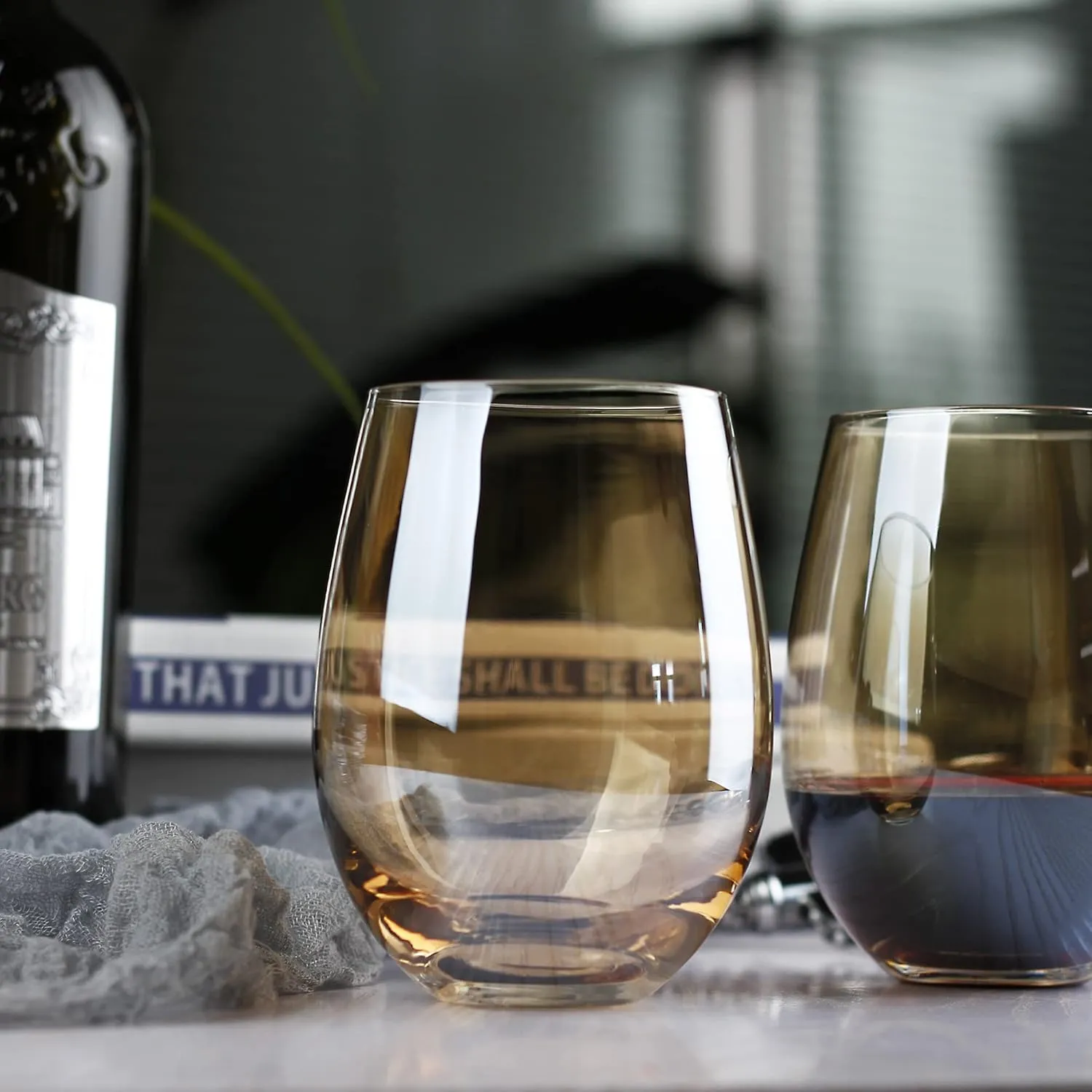 LUXU Amber Stemless Wine Glass(Set of 4)-20 Ounces,Colored Water Juice Drinking Glasses,All-Purpose Glass Wine Tumblers,No Stem Glass Beverage Cups,Perfect for Home,Bar,Restaurants and Parties