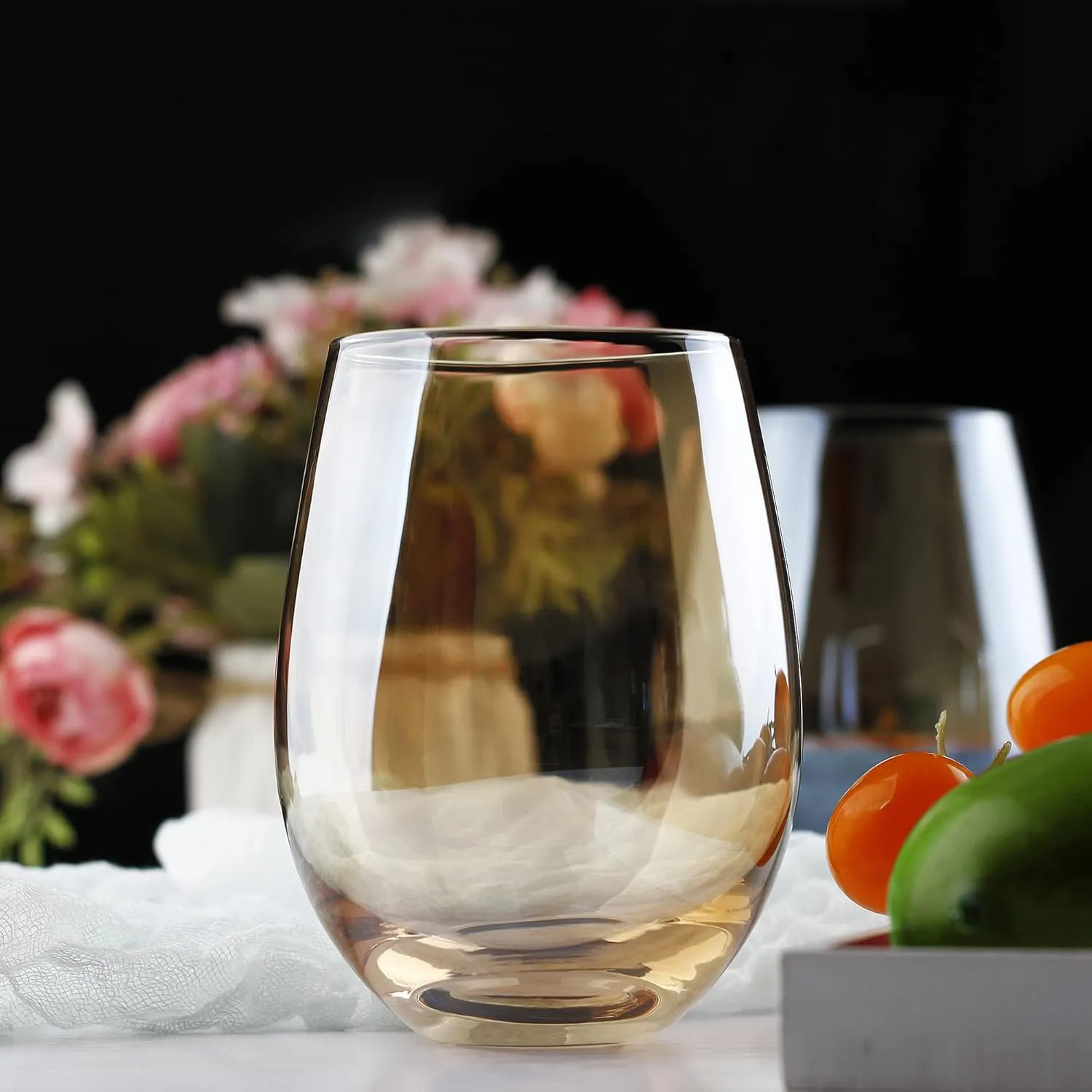 LUXU Amber Stemless Wine Glass(Set of 4)-20 Ounces,Colored Water Juice Drinking Glasses,All-Purpose Glass Wine Tumblers,No Stem Glass Beverage Cups,Perfect for Home,Bar,Restaurants and Parties