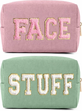 MAGEFY Makeup Bag Corduroy 2 Pcs Cosmetic Bags for Women Preppy Small Makeup Bag with Chenille Letter Patch Makeup Pouch Pink FACE & Green STUFF