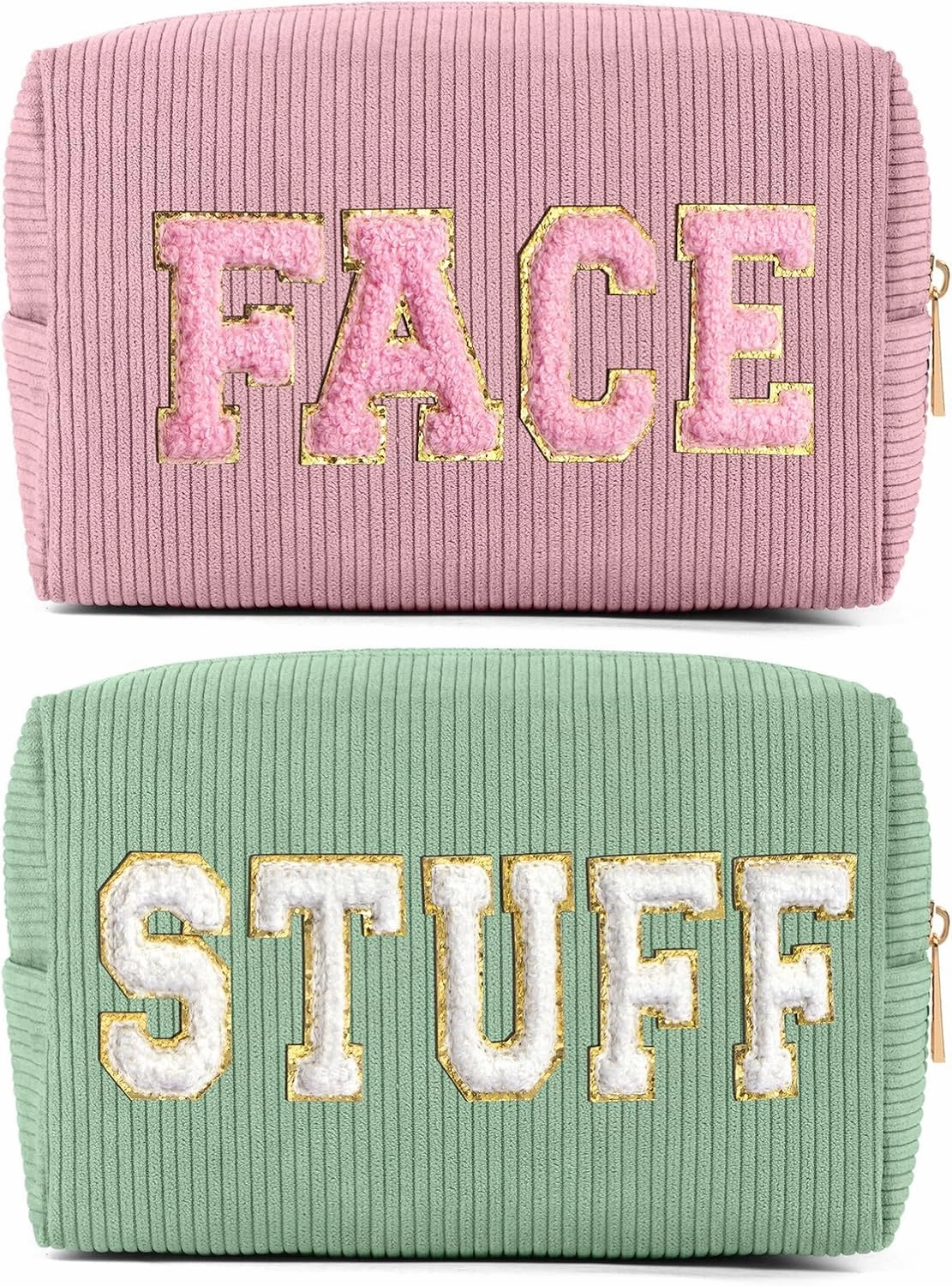MAGEFY Makeup Bag Corduroy 2 Pcs Cosmetic Bags for Women Preppy Small Makeup Bag with Chenille Letter Patch Makeup Pouch Pink FACE & Green STUFF