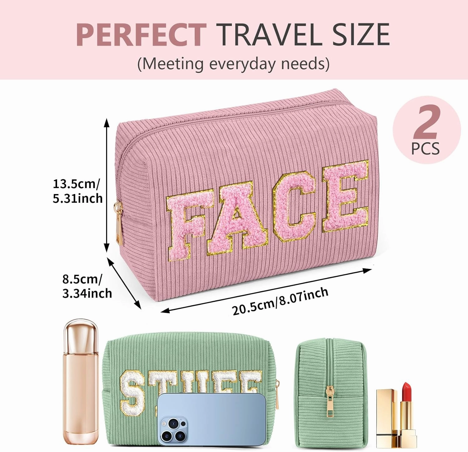 MAGEFY Makeup Bag Corduroy 2 Pcs Cosmetic Bags for Women Preppy Small Makeup Bag with Chenille Letter Patch Makeup Pouch Pink FACE & Green STUFF