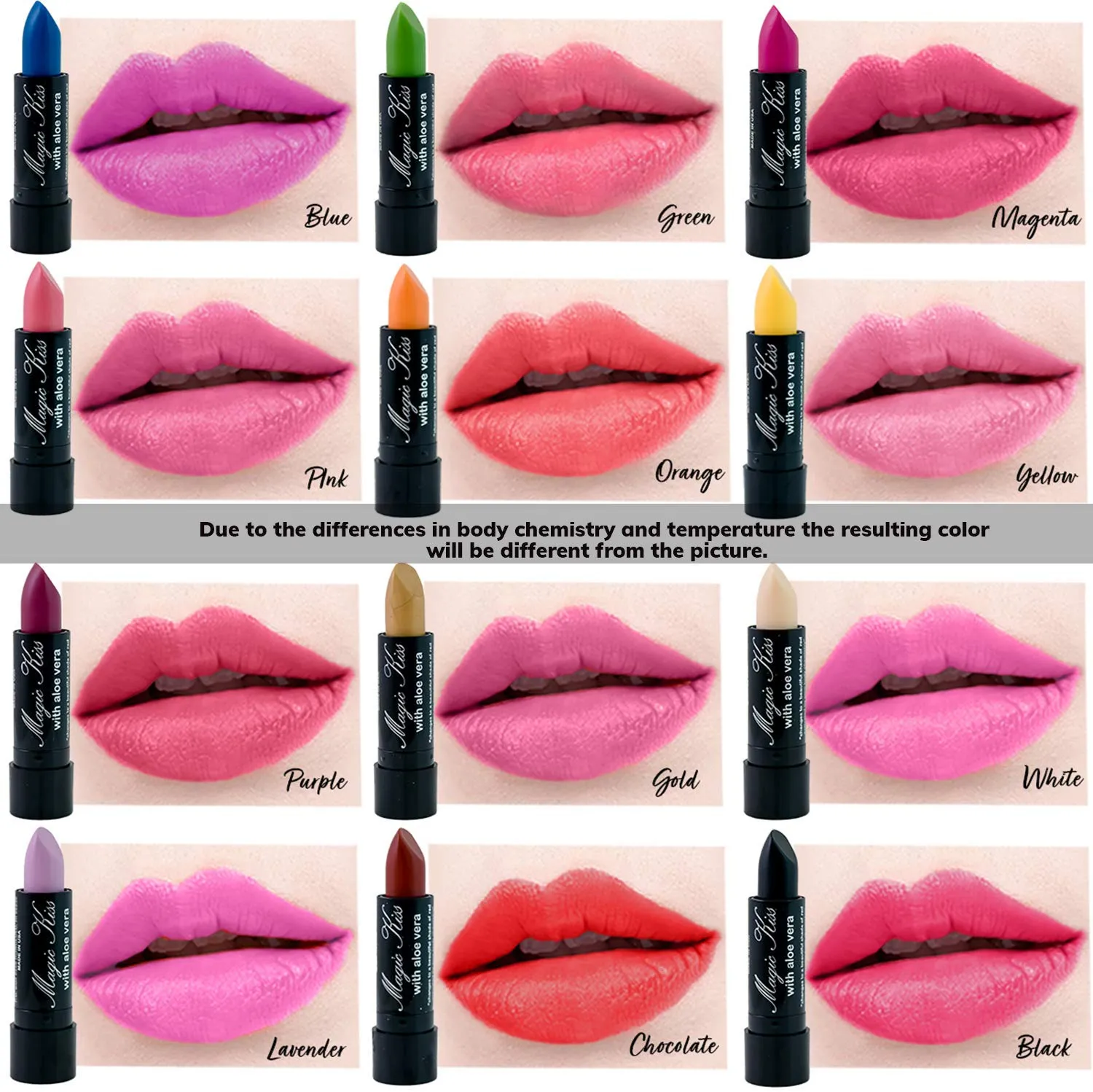 Magic Kiss Pack of 12 Color Changing Aloe Vera Lipstick set, MADE IN USA (Gold)