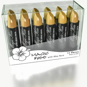 Magic Kiss Pack of 12 Color Changing Aloe Vera Lipstick set, MADE IN USA (Gold)