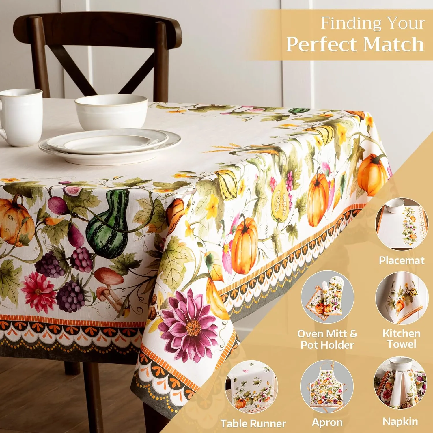 Maison d' Hermine Table Cloth Rectangle Table 100% Cotton 60 x 108 Inches Tablecloth Reusable Everyday Use for Dining Room, Farmhouse, Home, Party, Festive & Wedding - Pumpkin Garden - Cloudy Cream