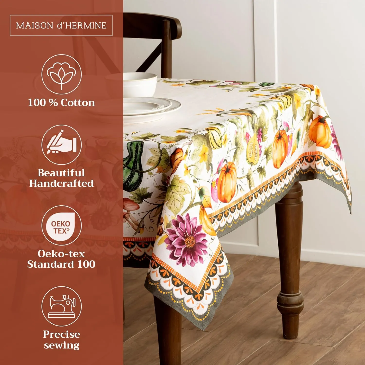 Maison d' Hermine Table Cloth Rectangle Table 100% Cotton 60 x 108 Inches Tablecloth Reusable Everyday Use for Dining Room, Farmhouse, Home, Party, Festive & Wedding - Pumpkin Garden - Cloudy Cream