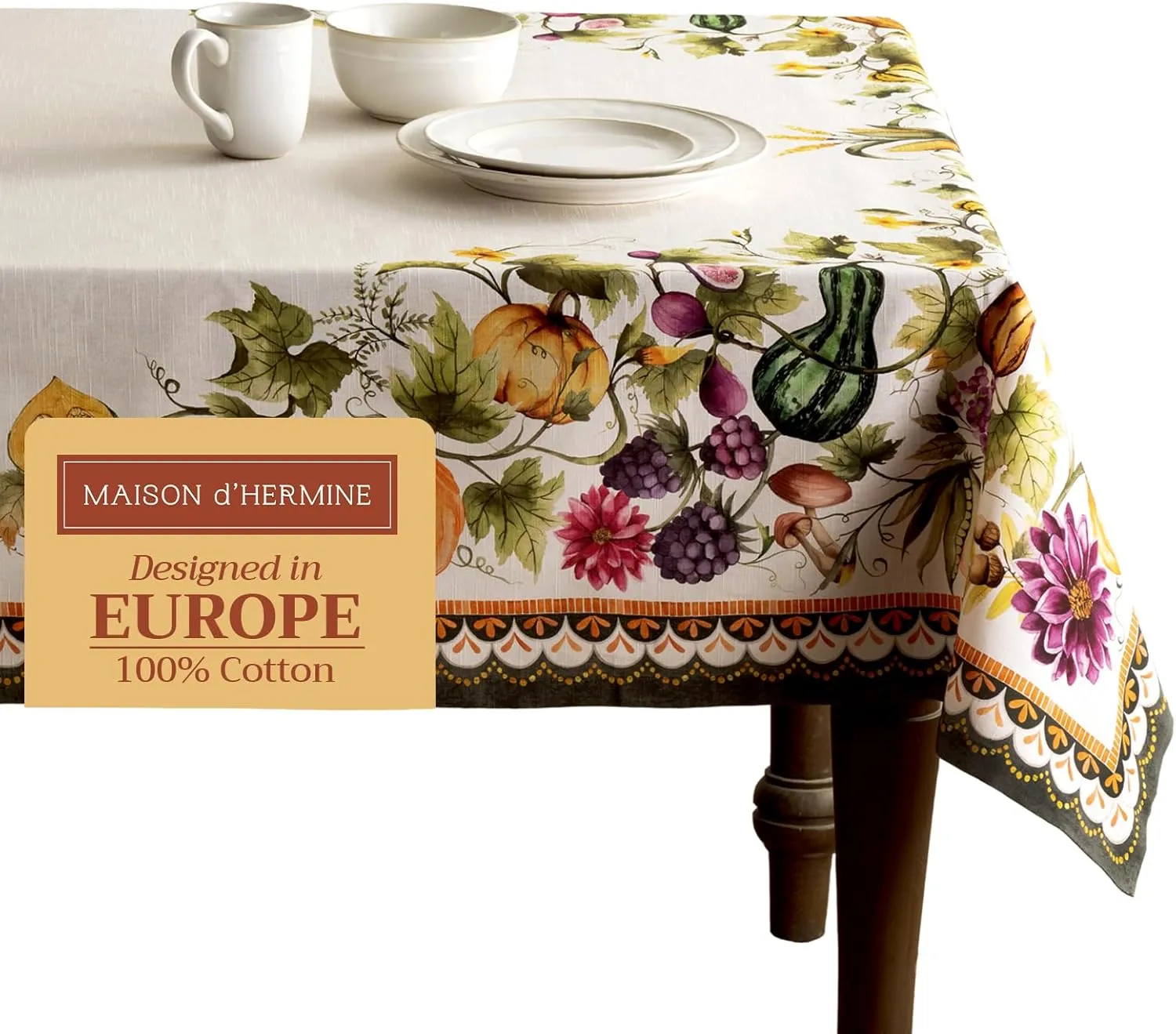 Maison d' Hermine Table Cloth Rectangle Table 100% Cotton 60 x 108 Inches Tablecloth Reusable Everyday Use for Dining Room, Farmhouse, Home, Party, Festive & Wedding - Pumpkin Garden - Cloudy Cream