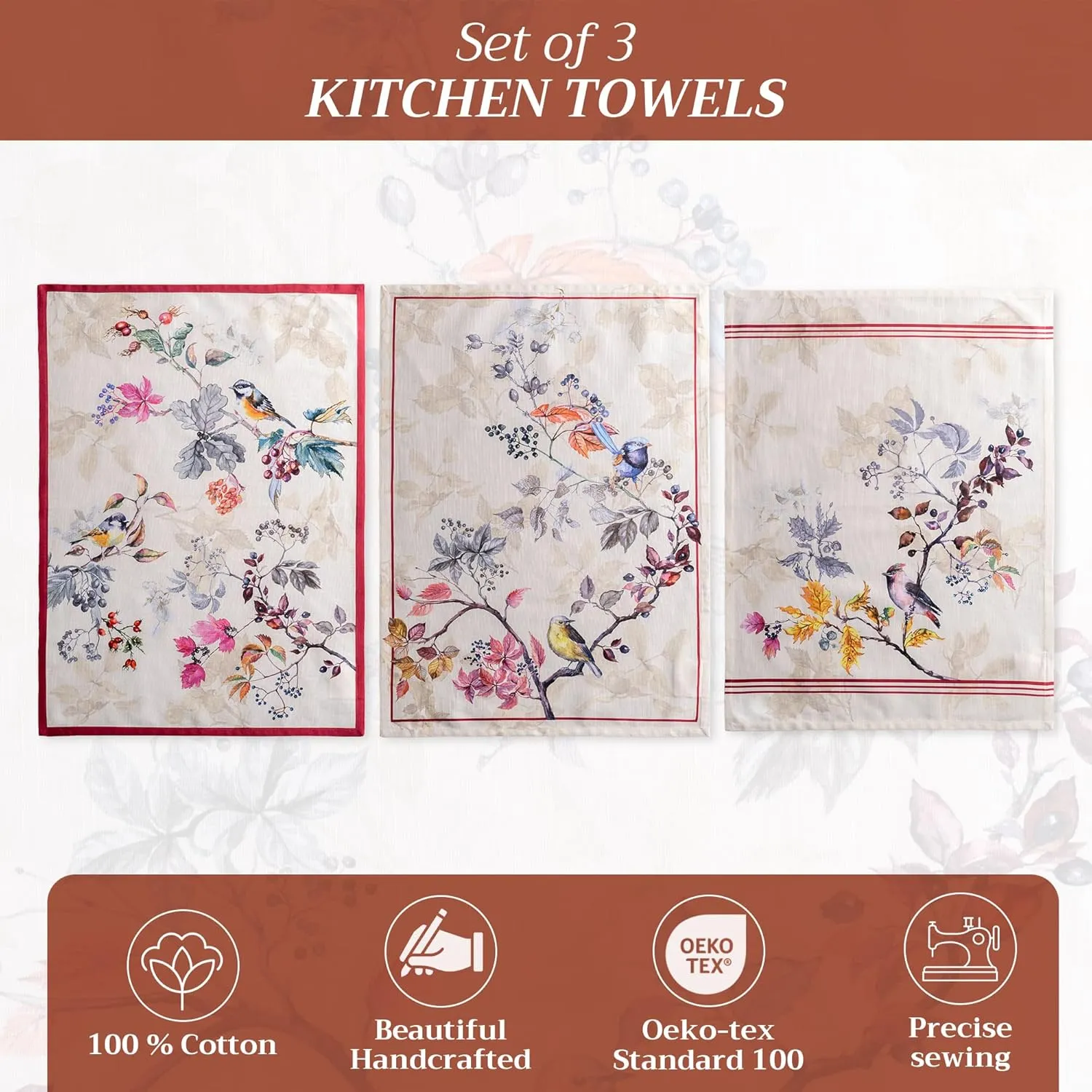 Maison d'Hermine Kitchen Towels Set of 3 100% Cotton 27.50" x 20" Reusable Cloth Tea Dish Towels Absorbent with Hanging Loop for Kitchen, Home, Dining, Cocktail Parties (Equinoxe - Beige)