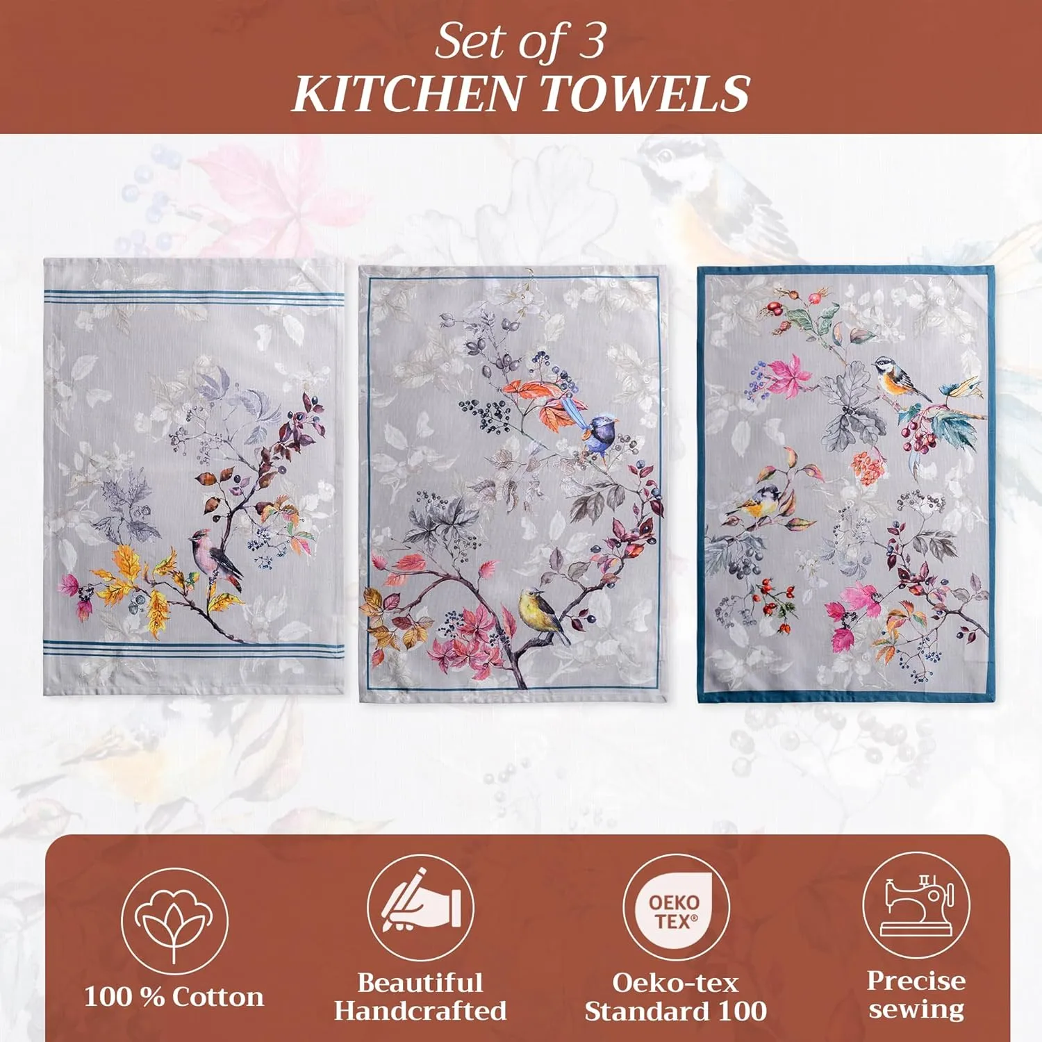 Maison d'Hermine Kitchen Towels Set of 3 100% Cotton 27.50" x 20" Reusable Cloth Tea Dish Towels Absorbent with Hanging Loop for Kitchen, Home, Dining, Cocktail Parties (Equinoxe - Grey)