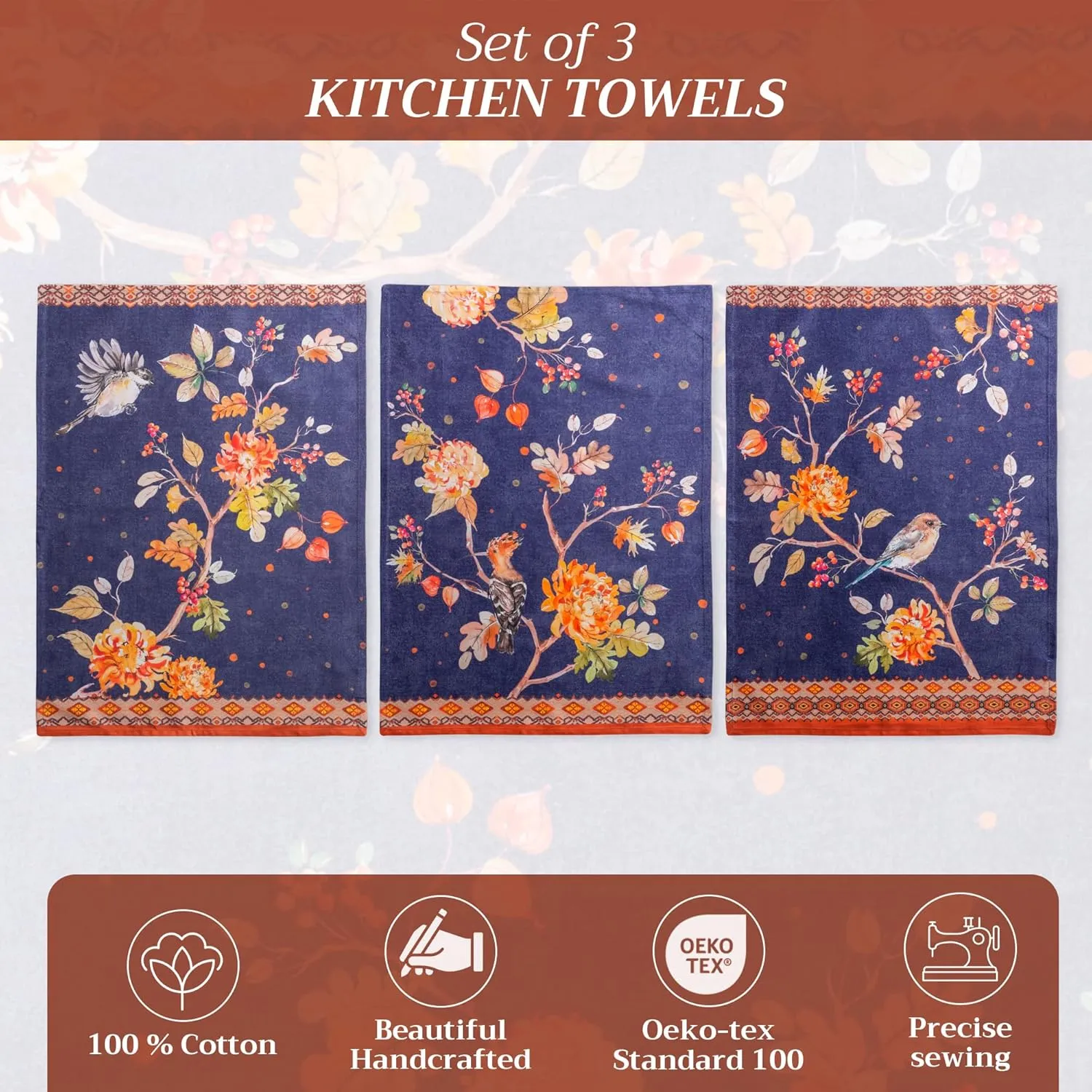 Maison d'Hermine Kitchen Towels Set of 3 100% Cotton 27.50" x 20" Reusable Cloth Tea Dish Towels Absorbent with Hanging Loop for Kitchen, Home, Dining, Cocktail Parties (Kelim - Infinity)