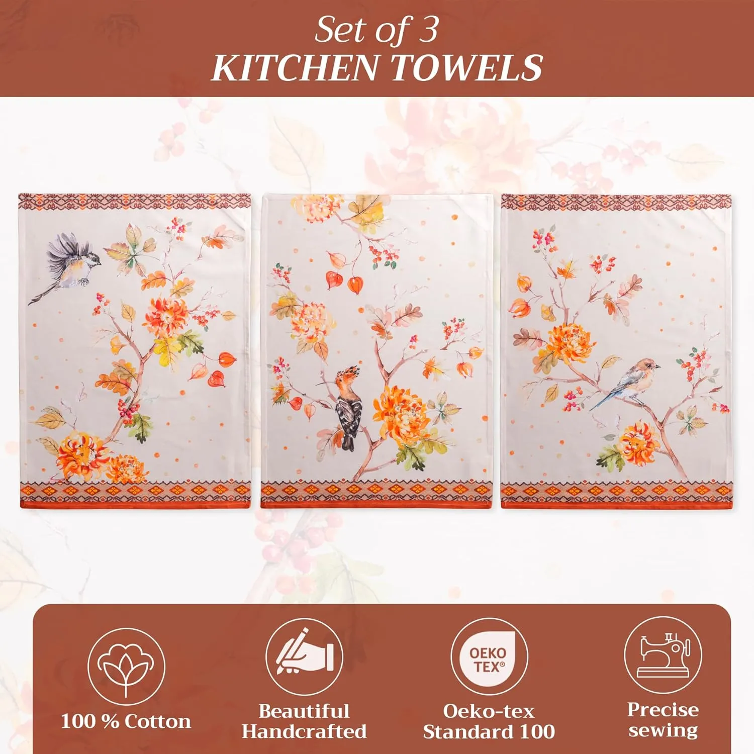 Maison d'Hermine Kitchen Towels Set of 3 100% Cotton 27.50" x 20" Reusable Cloth Tea Dish Towels Absorbent with Hanging Loop for Kitchen, Home, Dining, Cocktail Parties (Kelim - Prairie)