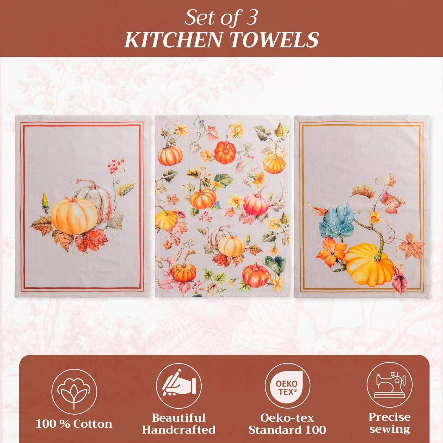 Maison d'Hermine Kitchen Towels Set of 3 100% Cotton 27.50" x 20" Reusable Cloth Tea Dish Towels Absorbent with Hanging Loop for Kitchen, Home, Dining, Cocktail Parties (Potiron)
