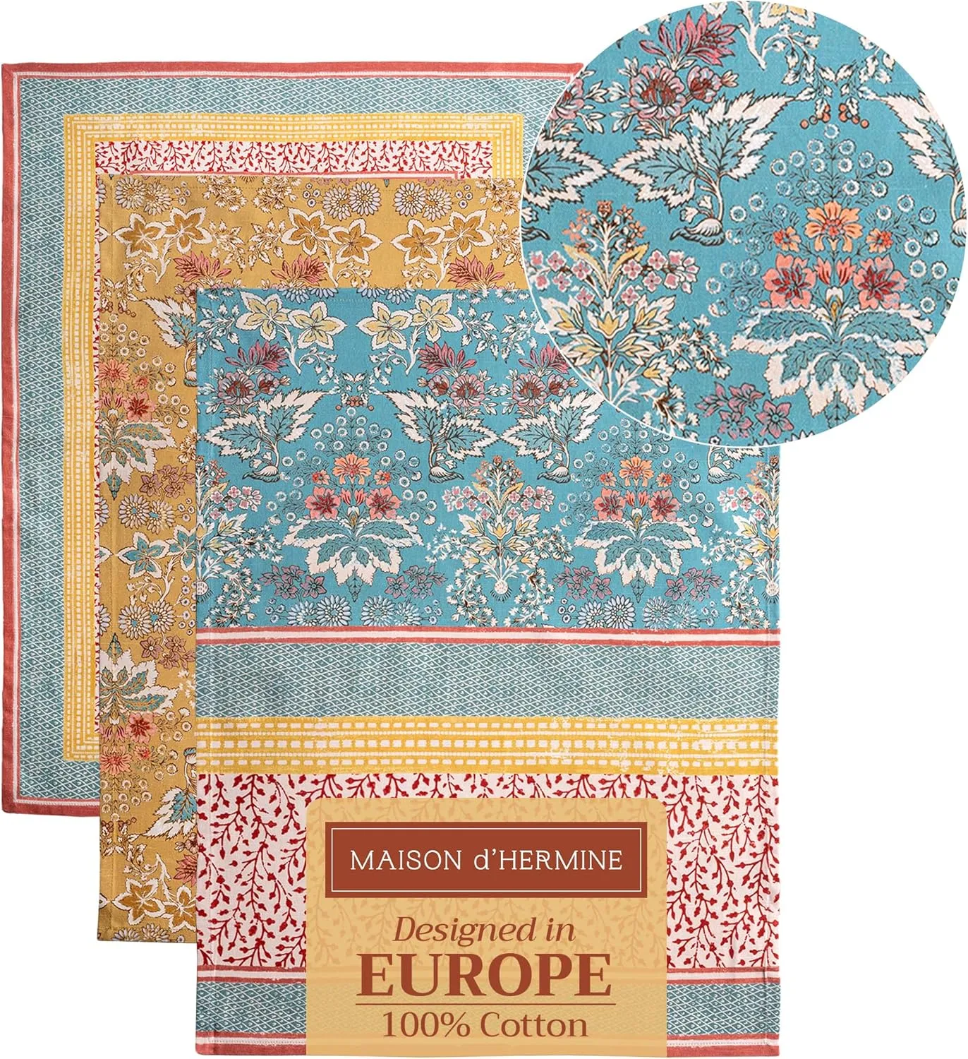 Maison d'Hermine Kitchen Towels Set of 3 100% Cotton 27.50" x 20" Reusable Cloth Tea Dish Towels Absorbent with Hanging Loop for Kitchen, Home, Dining, Cocktail Parties Spring/Summer (Marquise)