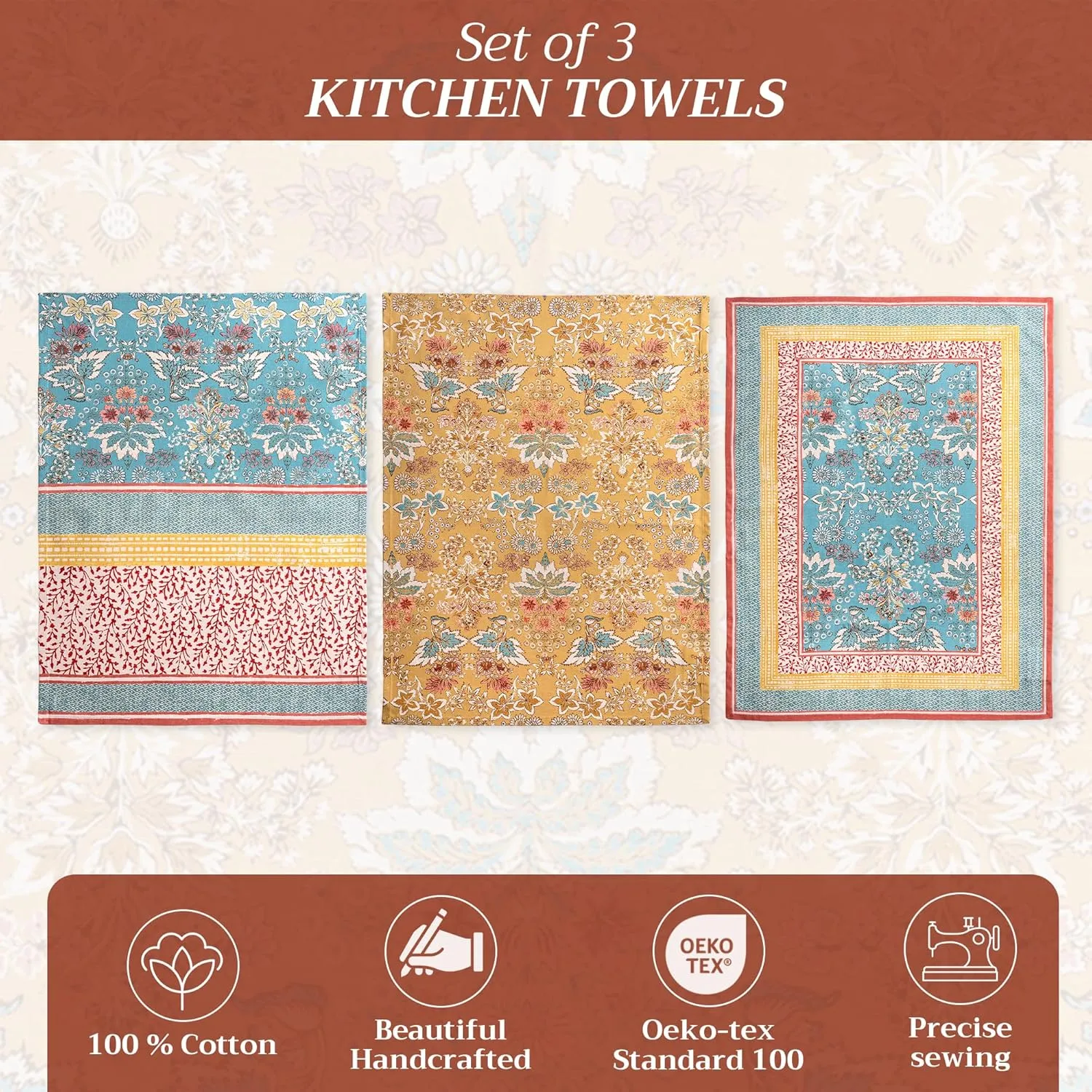 Maison d'Hermine Kitchen Towels Set of 3 100% Cotton 27.50" x 20" Reusable Cloth Tea Dish Towels Absorbent with Hanging Loop for Kitchen, Home, Dining, Cocktail Parties Spring/Summer (Marquise)