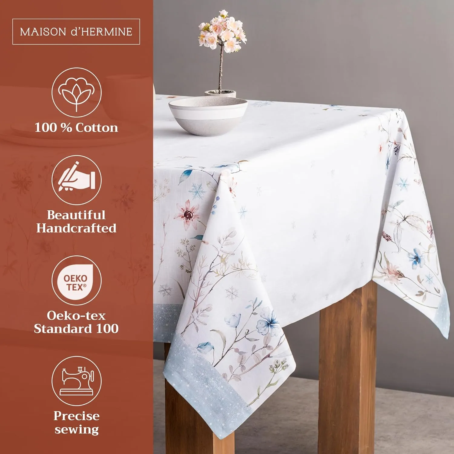 Maison d'Hermine Table Cloth Rectangle Table 100% Cotton 54 x 72 Inches Tablecloth Reusable Decorative Everyday Use for Dining Room, Farmhouse, Home, Party, Festive & Wedding - Ice Florals