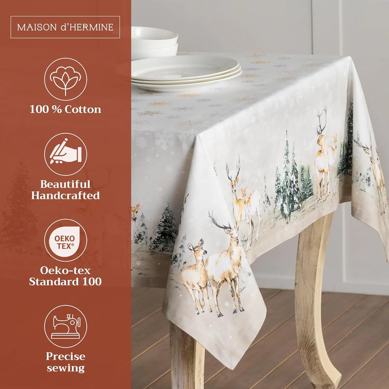Maison d'Hermine Table Cloth Square Table 100% Cotton 60 x 60 Inches Tablecloth Reusable Decorative Everyday Use for Dining Room, Farmhouse, Home, Party, Festive & Wedding - Deer in The Woods