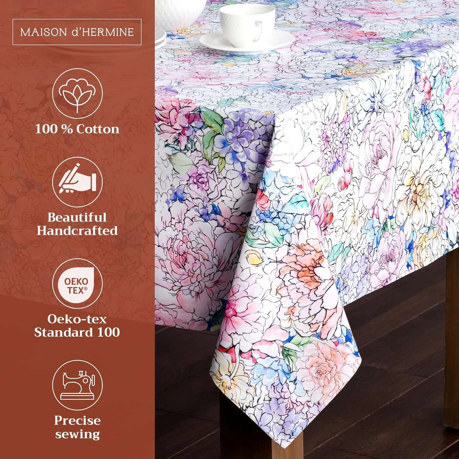Maison d'Hermine Table Cloth Square Table 100% Cotton 60 x 60 Inches Tablecloth Reusable Decorative Everyday Use for Dining Room, Farmhouse, Home, Party, Festive & Wedding Spring Summer - Floral Love