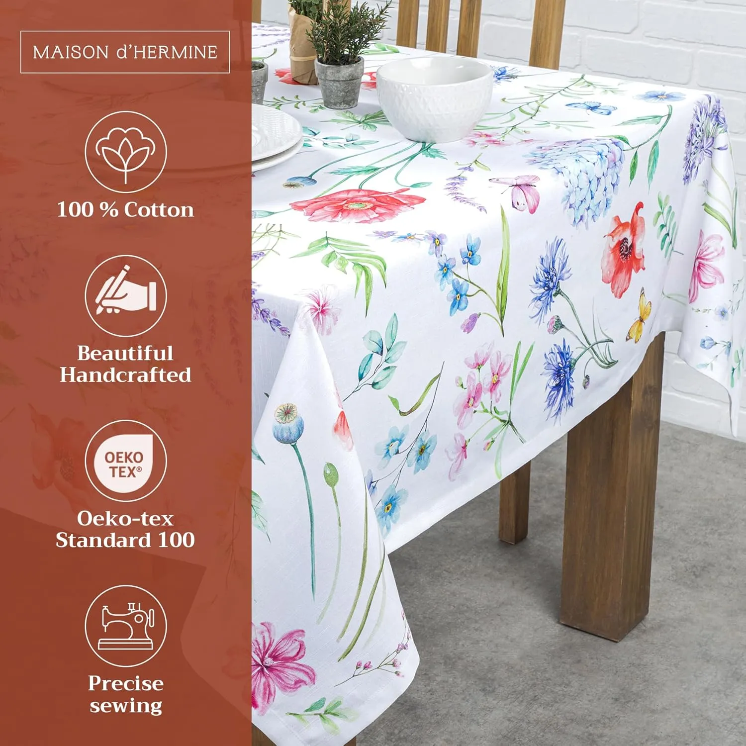 Maison d'Hermine Table Cloth Square Table 100% Cotton 60 x 60 Inches Tablecloth Reusable Decorative Everyday Use for Dining Room, Farmhouse, Home, Party, Festive & Wedding Spring Summer - Just Floral