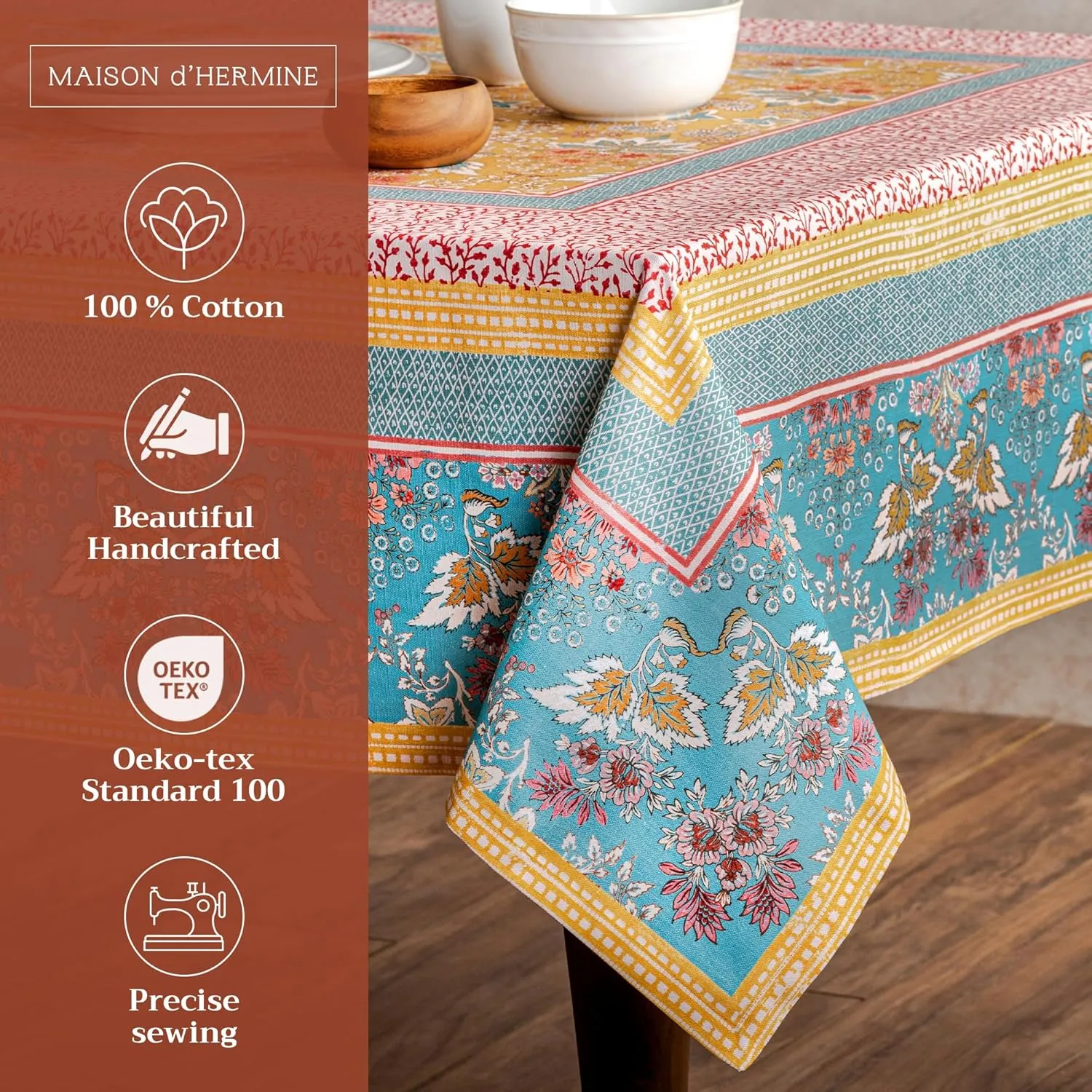 Maison d'Hermine Table Cloth Square Table 100% Cotton 60 x 60 Inches Tablecloth Reusable Decorative Everyday Use for Dining Room, Farmhouse, Home, Party, Festive & Wedding Spring Summer - Marquise