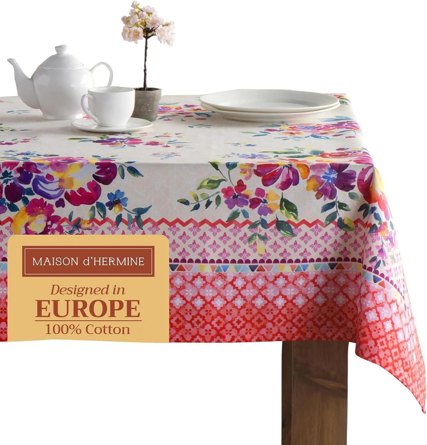 Maison d'Hermine Table Cloth Square Table 100% Cotton 60 x 60 Inches Tablecloth Reusable Decorative Everyday Use for Dining Room, Farmhouse, Home, Party, Festive & Wedding Spring Summer - Rose Garden