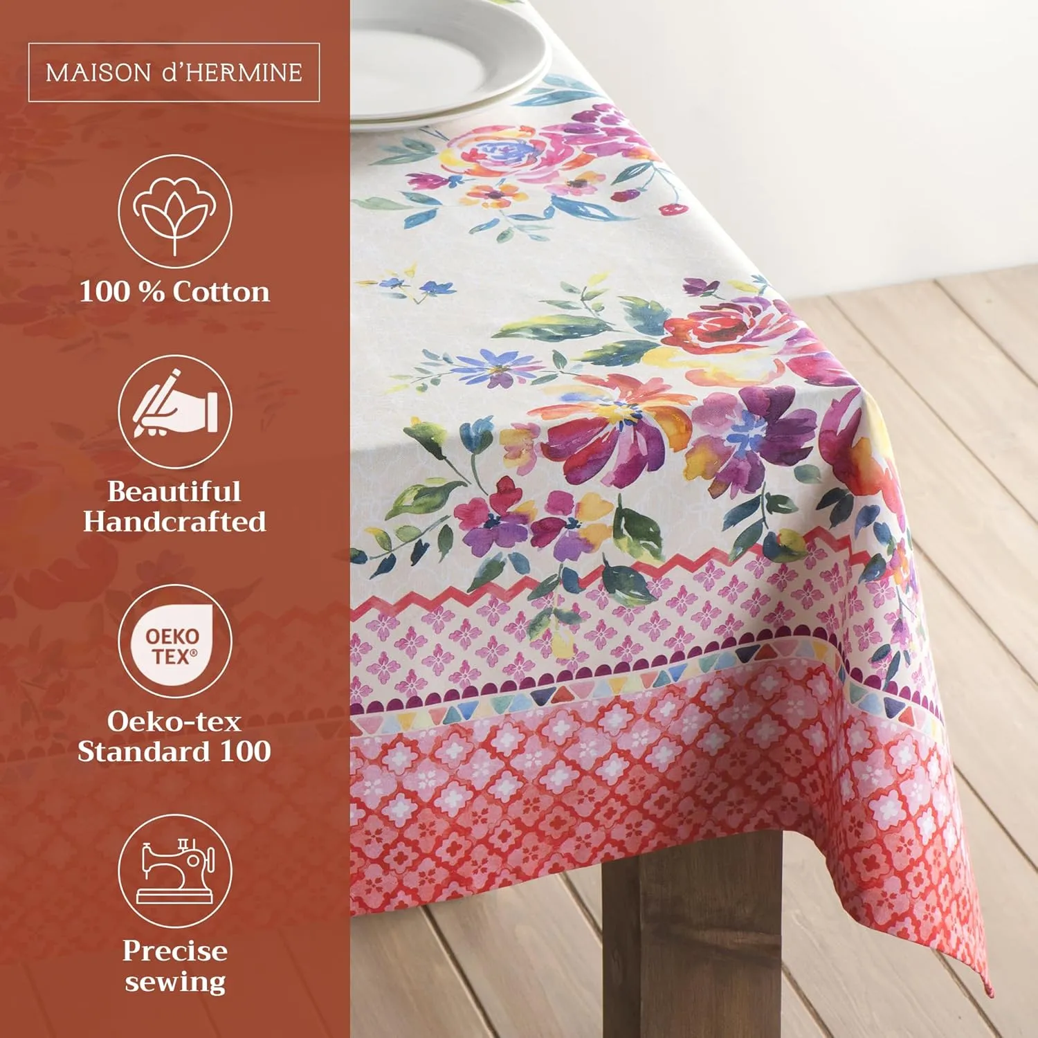 Maison d'Hermine Table Cloth Square Table 100% Cotton 60 x 60 Inches Tablecloth Reusable Decorative Everyday Use for Dining Room, Farmhouse, Home, Party, Festive & Wedding Spring Summer - Rose Garden